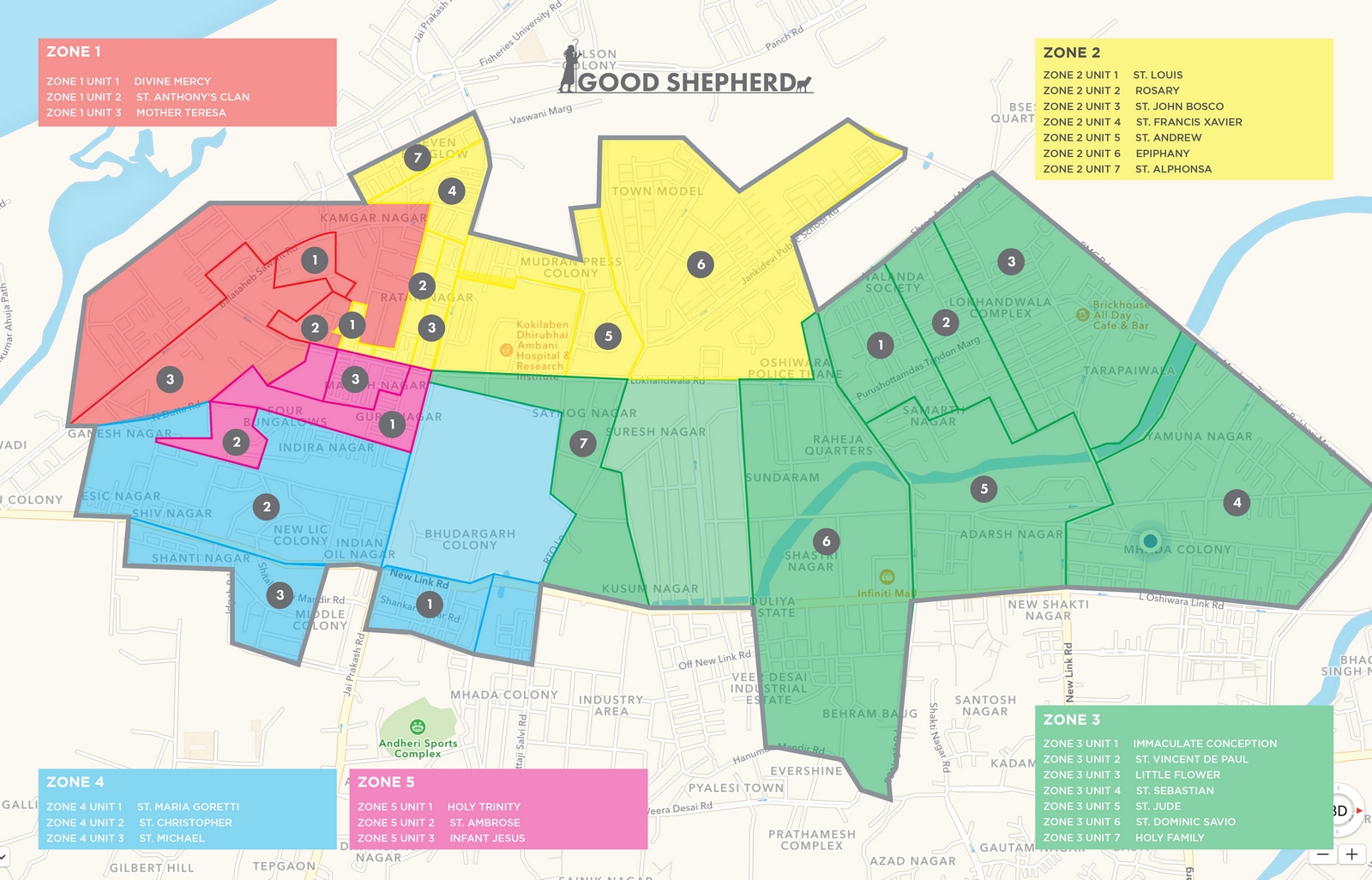 Map of Good Shepherd Church parish showing the five colour-coded community zones and their local units in Andheri West